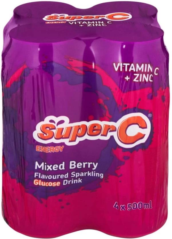 Super C Flavoured Sparkling Glucose Energy Drink (Mixed Berry Flavoured, 4 x 500 ml)