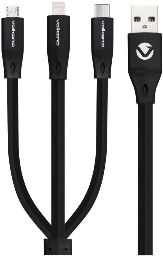Volkano USB Type C To 3-in-1 Cable 1.2 m Slim 3-in-1 Cable (Compatible with Mobile, Tablet, Computer, Laptop, Black, One Cable)