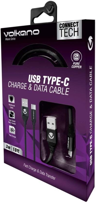 Volkano USB Type A To USB Type C 3 m Type-C Cable (Compatible with Laptop, Mobile, TV, Computer, Black, One Cable)
