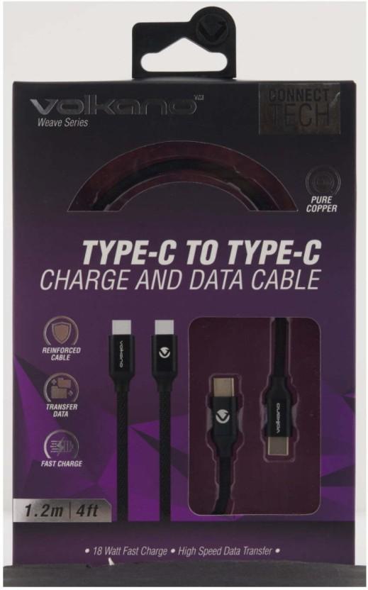 Volkano USB Type C To USB Type C 1.2 m Weave Series Type-C to Type-C Cable (Compatible with Mobile, Tablet, Computer, Black, One Cable)