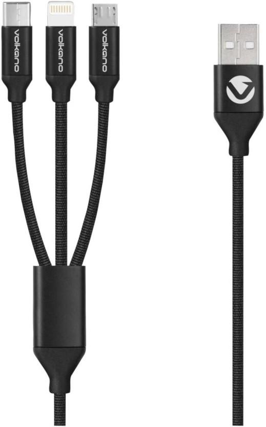 Volkano USB Type A To USB Type C 1.2 m Weave 3-in-1 Cable (Compatible with Mobile, Tablet, Computer, Laptop, Black, One Cable)