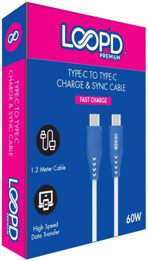 Loopd USB Type C To USB Type C 1.2 m Type C to Type C Cable (Compatible with Mobile, Tablet, Blue, One Cable)