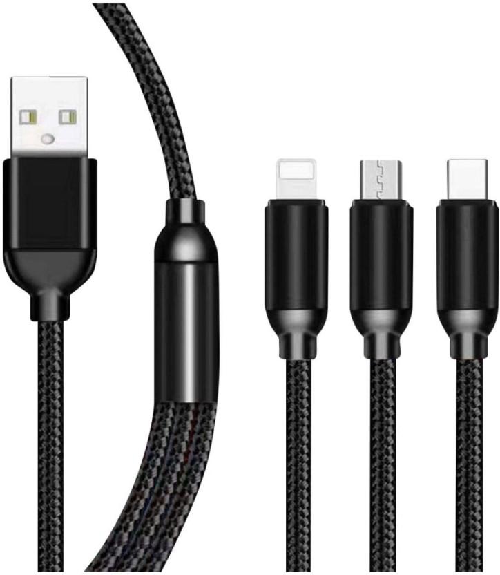 Superfly USB Type A To USB Type C 1.2 m 3-in-1 Multi Charge Cable Type-C Micro Lightning (Compatible with Mobile, Tablet, Black, One Cable)