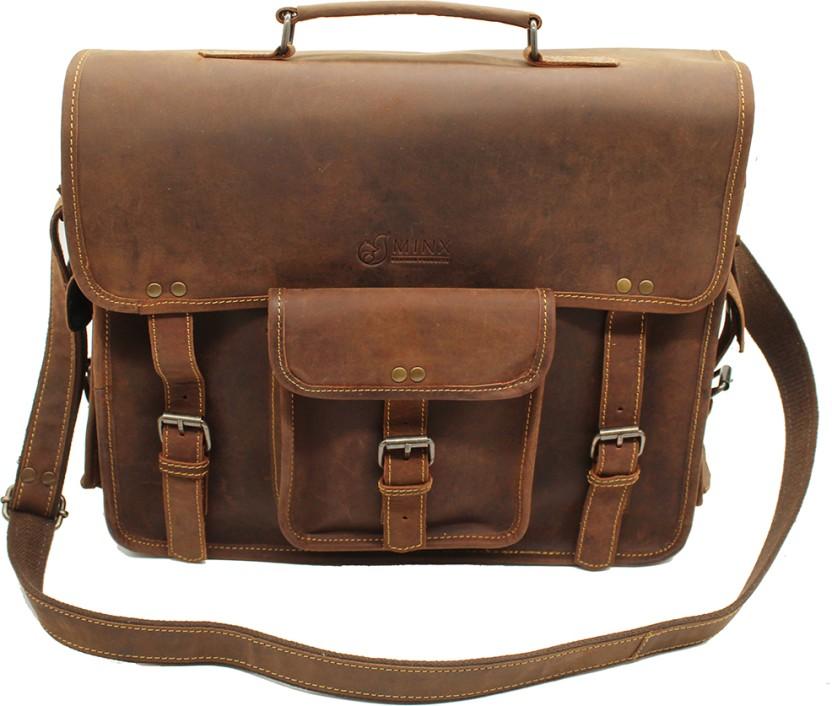 Minx Milan Leather Laptop Bag Messenger Bag (Brown, 14.5 L)