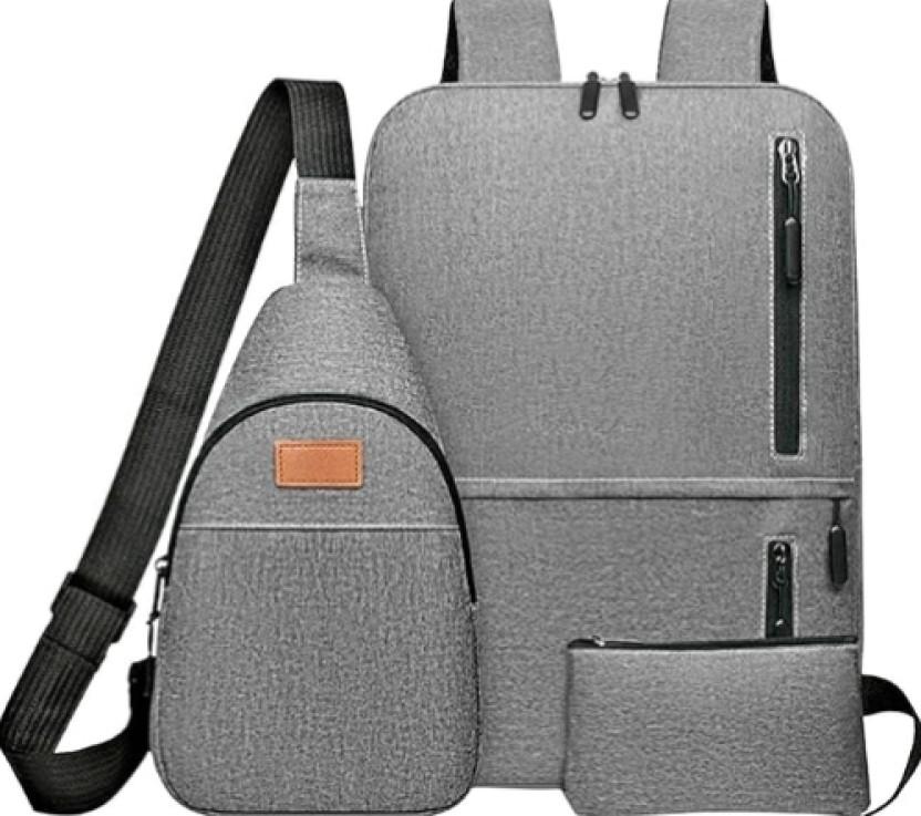 SM Casual 3pcs Travel Bag Set, Multi-functional School Laptop Bag Laptop Backpack (Grey)