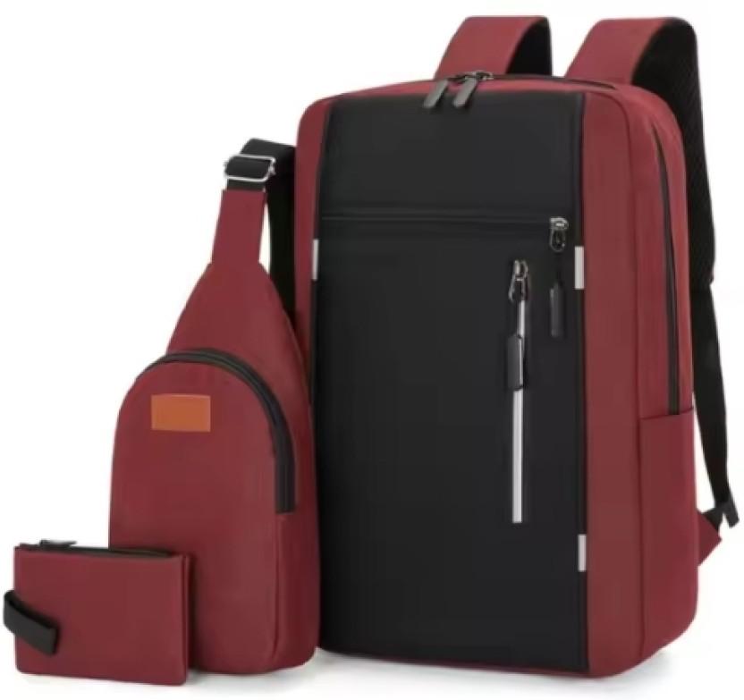 SM Nylon 3 Piece Set Backpack Minimalist Laptop Bag Waterproof Backpack (Red, Black, 20 L)