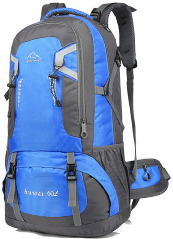 ALANES 60L Large Capacity Waterproof Outdoor Sport Hiking Backpack - Blue Backpack (Blue, Grey, 60 L)