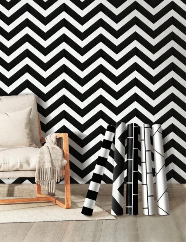 Lavish by Tops Herringbone Black & White Striped Pattern Self-Adhesive Wallpaper Classics Black Wallpaper (500 cm x 45 cm)