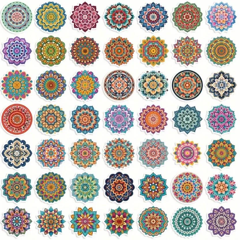 Kabukis 5 cm 50pcs Vibrant Mandala Sticker Pack Self Adhesive Sticker (Pack of 50)