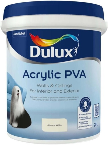 [WNTH7ZAGZYEZPFTK] Dulux Acrylic PVA Almond Whit Almond White Emulsion Wall Paint (20 L)
