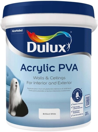 [WNTH7ZAG2HUAVRKE] Dulux Acrylic PVA Brilliant White Emulsion Wall Paint (20 L)