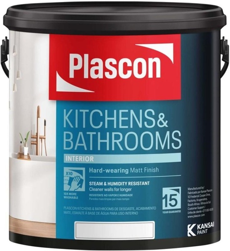 [WNTH7ZAGNKM64CSK] Plascon Kitchens & Bathrooms White Emulsion Wall Paint (2.5 L)