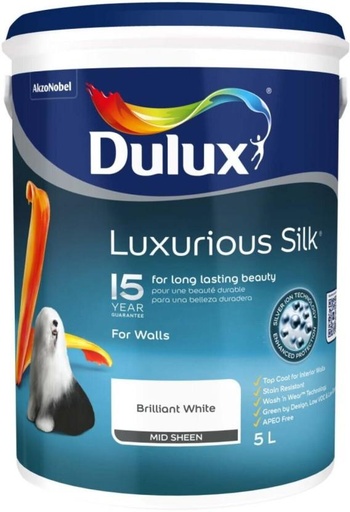 [WNTH7ZAGQDAY6JND] Dulux Luxurious Silk Brilliant white Brilliant White Emulsion Wall Paint (5 L)