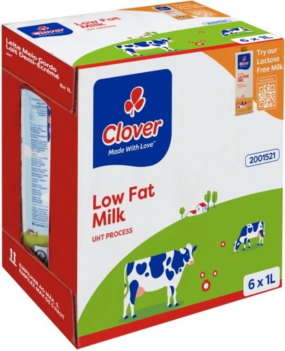 [MLKHFXJTZ6JYFPSK] Clover Low Fat Milk Long Life, Plain Flavour (6 x 1 L)