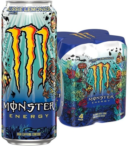 [ESMHFS9DHGBAZKCM] Monster Aussie Lemonade Style Energy Drink (Lemonade Flavoured, 4 x 500 ml)
