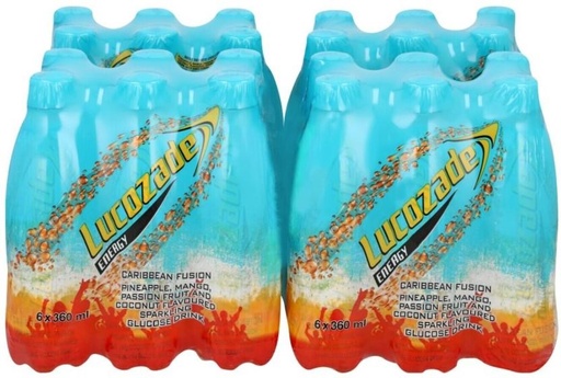 [ESMH26TWZXZTGDGB] Lucozade Caribbean Fusion Sparkling Glucose Energy Drink (Pineapple, Mango, Passion Fruit and Coconut Flavoured, 6 x 360 ml)