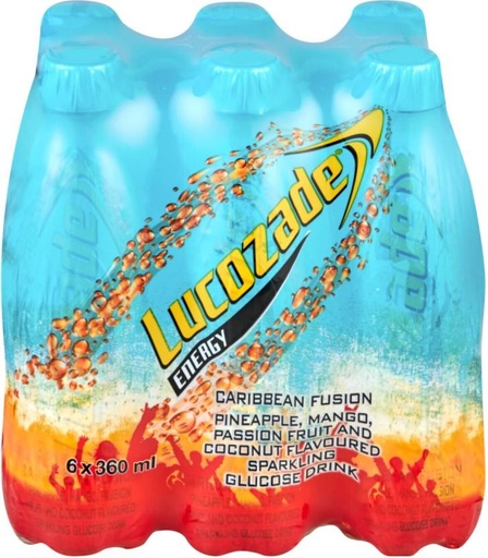 [ESMH26TWX7GESNF9] Lucozade Caribbean Fusion Flavoured Sparkling Glucose Energy Drink (Pineapple, Mango, Passion Fruit and Coconut Flavoured, 24 x 360 ml)