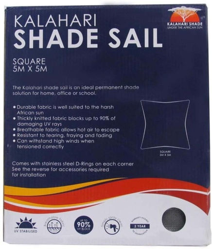 [TNTH5HMSB654VGGZ] Kalahari 5m x 5m Shade Sail Square Tent - For Home, Office, School (Black)