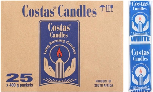 [CNDH28MGKSD7RWAR] Costas Long Burning Candles (White, Pack of 25)