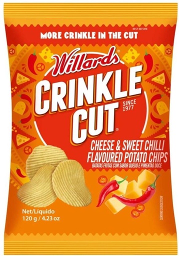 [CPSH4S5F7HFSNQPZ] Willards Crinkle Cut Cheese & Sweet Chilli Flavoured Potato Chips (20 x 120 g)
