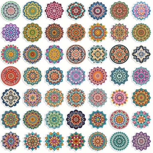 [STIH8NR3ZKUEZNGY] Kabukis 5 cm 50pcs Vibrant Mandala Sticker Pack Self Adhesive Sticker (Pack of 50)