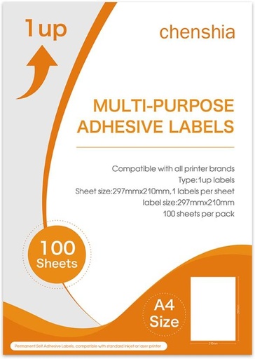 [PLBHFVMPUK4TGFF3] chenshia 1UP Multi-purpose Adhesive A4 -Printable Sticker Sheets for Inkjet & Laser Printers Paper Label (White)